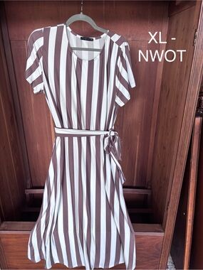 Striped Short-Sleeve A-Line Dress in Brown and White